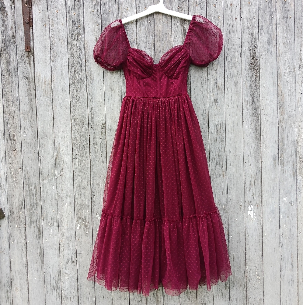 COPY - Lulus Women's Sweet Amor Tulle Swiss Dot Bustier Midi Dress Burgundy Sz …